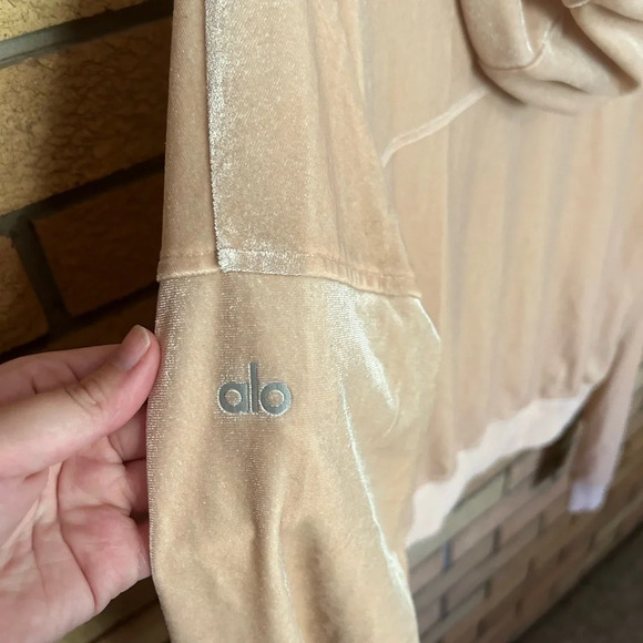 Alo Yoga Velour Velvet Cropped Hoodie Size M Color Nectar Light Pink Athleisure - Picture 6 of 6